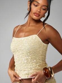 MISSGUIDED Top de camiseta con tirantes finos, estilo bustier, en Y2K, decorado con lentejuelas, perfecto para fiestas, salidas nocturnas, festivales y celebraciones de Año Nuevo - Albaricoque - Ver 5