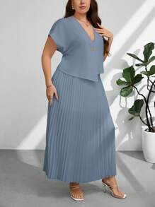 Firerie Plus Size Summer Elegant Solid Color Short Sleeve Top And Pleated Skirt 2 Pieces Set Spring - Dusty Blue - View 7