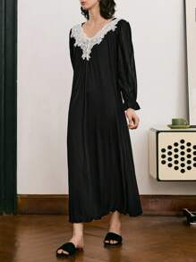 法式优雅撞色蕾丝灯笼袖优雅宫廷风女士睡裙 - 黑色 - 查看 5