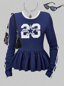 青少年女孩休闲数字印花长袖上衣，适合返校季、春秋季节 - 藍色 - 查看 1
