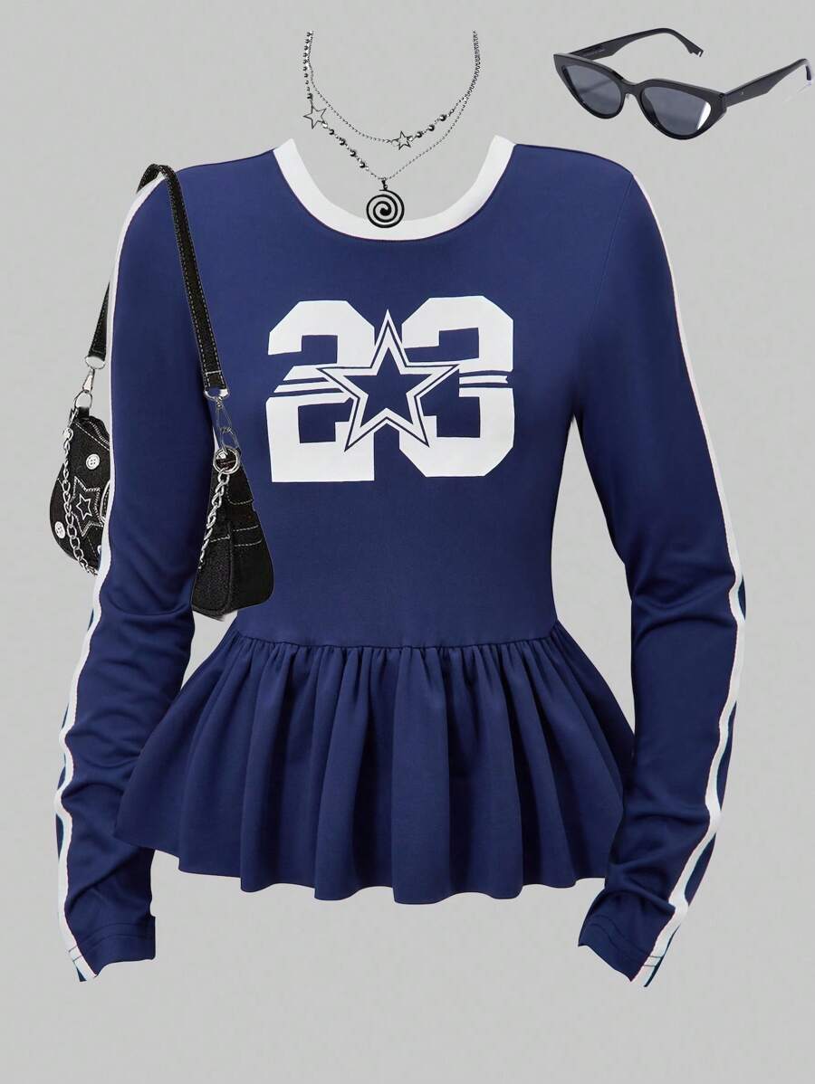 青少年女孩休闲数字印花长袖上衣，适合返校季、春秋季节 - 藍色 - 查看 1