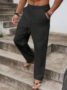 VENTUSAIL 男士纯色抽绳腰口袋休闲亚麻长裤男黑色亚麻裤男宽松裤子男抽绳裤男休闲裤男裤秋季 - 黑色 - 查看 4
