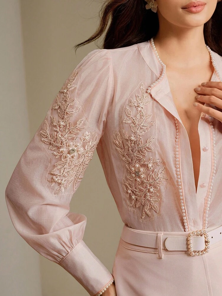 Spring/Summer French Style Fitted Blouse With Embroidered Beaded Applique Lantern Sleeves, Versatile For Women