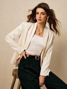 Poéselle 1 pieza Blazer elegante de unicolor y doble botonadura para mujer, blazer de mujer, blazer de doble botonadura, chaqueta de traje para mujer, blazer color marfil para otoño/invierno