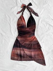 Soleia 性感复古渐变色吊带 V 领系带网眼褶皱不对称下摆浪漫女式度假迷你连衣裙