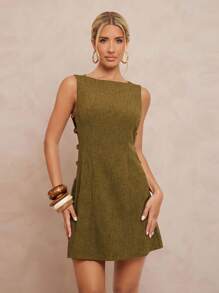 Lumalex Abito mini a-line smanicato con scollo a v, arricciato in vita con decorazioni di perline