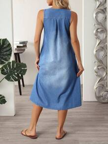 EMERY ROSE Women's Solid Color Notched Collar Patch Pocket Casual Sleeveless Denim Dress