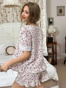 CottageSlumber Cottage Slumber Women Pajama Sets With Lace Ruffle Collar, Puff Sleeves A-Line Top And Ruffle Hem Shorts, Romantic Cottage Comfort - Multicolor - View 2