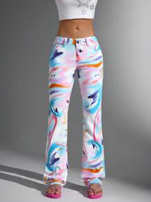 SHEIN Jeanoir Women's Fashion Tie-Dye Print Slim Flare Leg Jeans - Blue - View 4