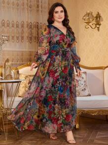 Modelyn 全新奢华优雅高端长款裹身裙，宽下摆，V 领，长袖