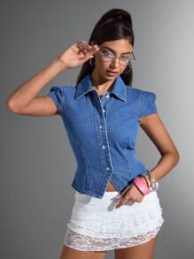 Jeanoix Chaqueta de mezclilla con cuello vuelto y botones, manga corta - Azul lavado medio - Ver 1