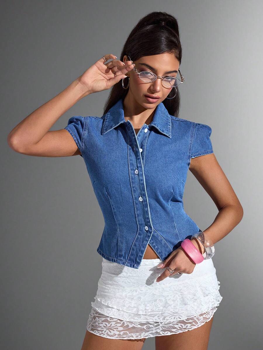 Jeanoix Chaqueta de mezclilla con cuello vuelto y botones, manga corta - Azul lavado medio - Ver 1