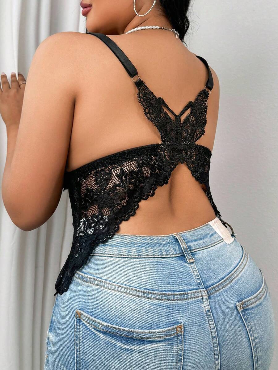 Plus Size Elegant Sexy Lace Lingerie Bra With Bow Decor - Black - View 1