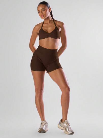 Ra Sport Solid Ruched Bust Open Back Halter Sports Bra, Active Comfy Workout Gym Running Run Club, Padel, Tennis, Pickleball Fitness view 3