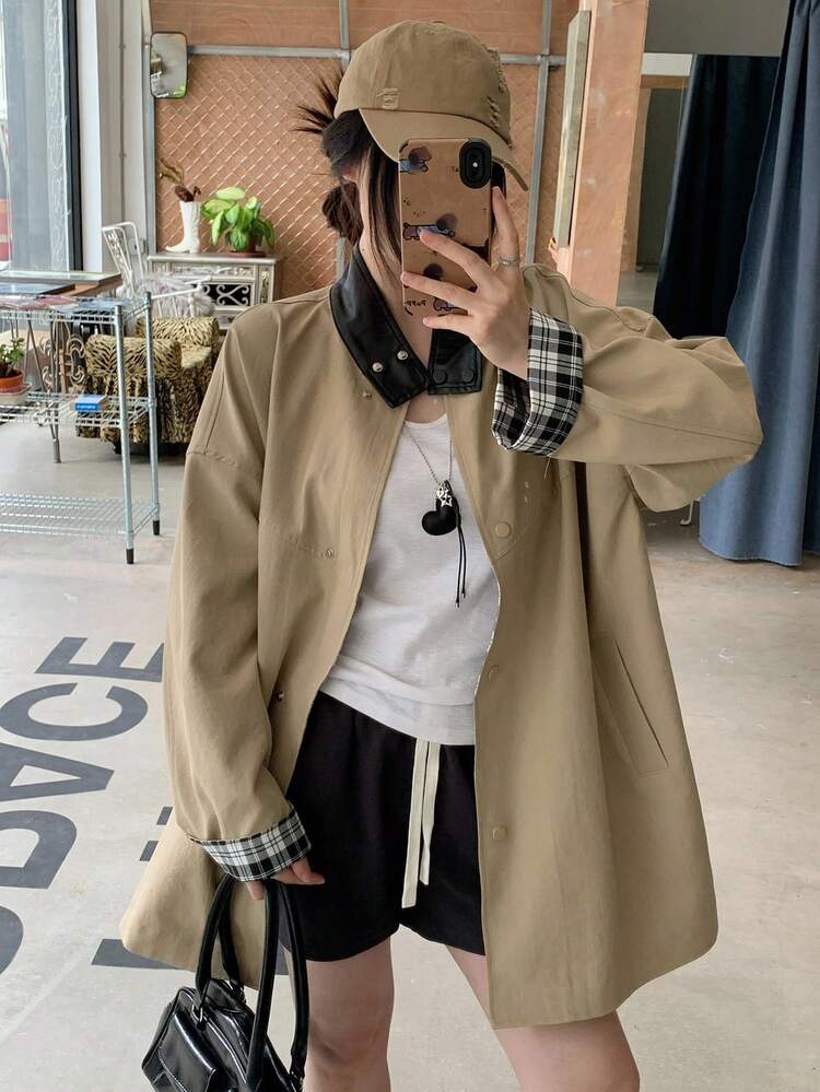 Women's Contrast Color Drop Shoulder Long Sleeve Single-Breasted Loose Casual Jacket Fall,Winter