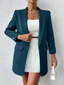 EURMUSE Women's Solid Color Lapel NeckLong Sleeve Casual Commuter Blazer - Teal Blue - View 4