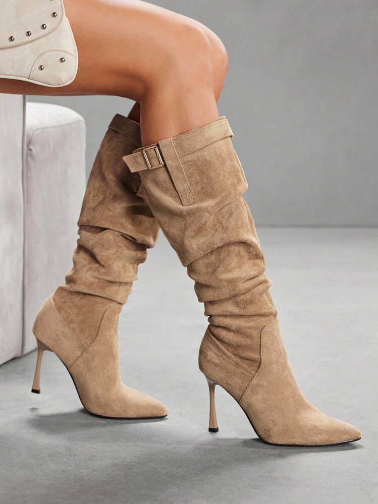 CUCCOO SZL Botas Altas da Coxa de Camurça Sintética Cor de Damasco com Saltos Altos da Moda para Mulheres - Castanho - Visão 1