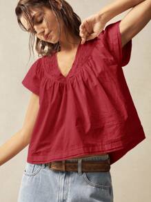 Bohemela 1pc Women Solid Color V-Neck Short Sleeve Loose Blouse Red V Neck Blouse Women Cotton Summer Tops For Women Women Summer Blouses Casual Red Tops For Women V Neck Summer Tops - Burgundy - View 3