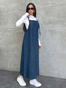 EURMUSE 女士休闲宽松口袋设计牛仔背带中长连衣裙 - 水鴨藍 - 查看 3