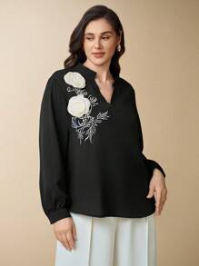 Flouryn Áo cánh thanh lịch thêu hoa 3D màu đen cỡ lớn cho nữ - màu đen - Xem 6