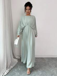 Elenzga Robe maxi élégante et sophistiquée pour femme, style minimaliste et de haute qualité, convient pour le bureau, les déplacements, la plage, les festivals de musique, le thé de l'après-midi, les courses, les croisières. Col rond, 2 en 1 avec plis à la taille et manches chauve-souris, coupe évasée, printemps/été