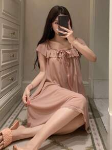 DAZY 可爱轻盈荷叶边网眼女士睡袍睡衣 - 淺粉色 - 查看 3