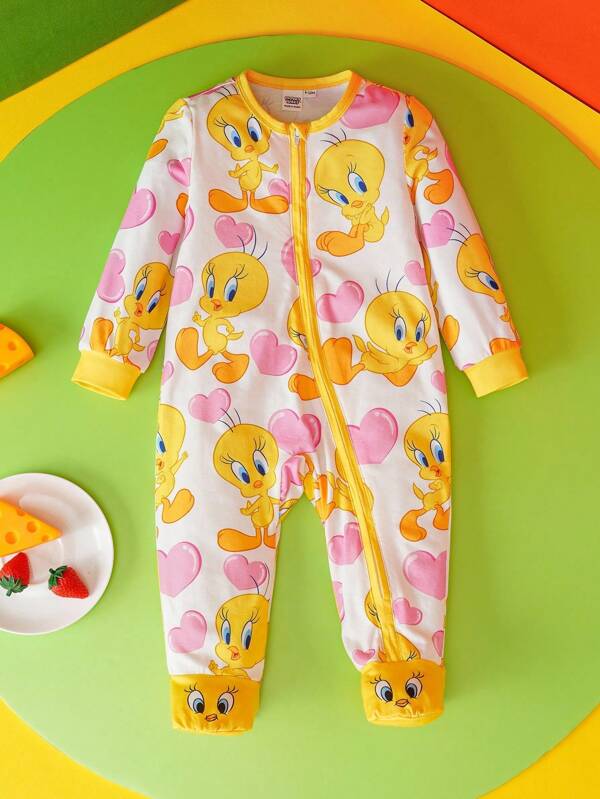 LOONEY TUNES X SHEIN Pelele / Mono de algodón con estampado lindo de corazones rosas y dibujos animados para bebé niña