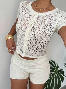 Aloruh Women's Sexy Cute Button Up Crop Top And Low Waist Mini Short Crocheted Beach 2 Pieces Set,Island Vacation Outfits Women,2 Pieces Sets Woman - White - View 5