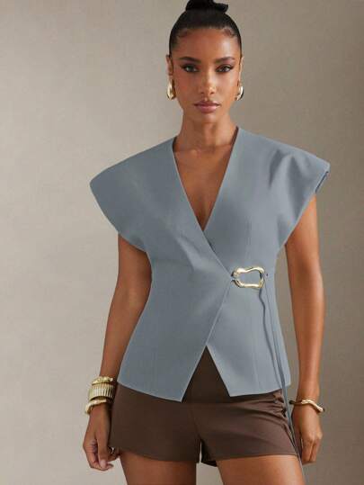 Hauture Front Buckle Cap Sleeve V-Neck Elegant Top