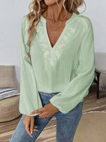 SHEIN LUNE Áo sơ mi trắng dài tay phong cách Bohemian thêu họa tiết Paisley màu tương phản vai trễ - Màu be - Xem 4