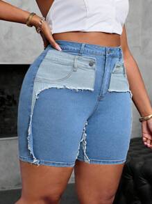 SHEIN SXY Shorts de mezclilla elásticos y ajustados de 2 en 1 sexy para mujer de talla grande, para vacaciones de otoño