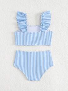 SHEIN Baby Girls' Simple Stripe Two-Piece Bikini Set, Ruffled Strap Swimsuit, Refreshing Summer Style - Multicolor - View 2