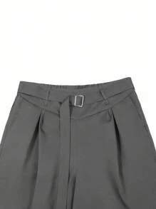 Manfinity Roghcode 男士黑色长裤，高腰褶裥直筒阔腿裤，腰部装饰配饰，时尚百搭男士阔腿裤灰色长裤高腰宽松长裤男士正装裤，秋季阔腿裤 - 深灰色 - 查看 8