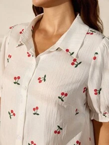 EMERY ROSE Camisa de manga abullonada con estampado de cerezas de talla grande, estilo casual de verano con estampado aleatorio - Blanco - Ver 7