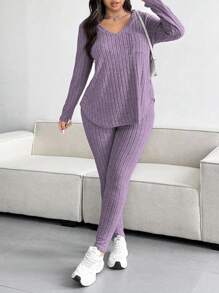 Vibekara 大码休闲纯色纹理条纹V领上衣和裤子套装 - 紫色 - 查看 3
