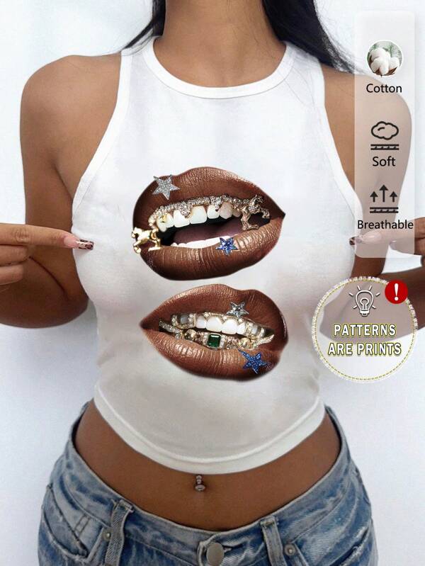 Tseoso Casual Hiphop Star & Lips Graphic Fitted Tank Top For Women, Stretchy Crew Neck, Suitable For Summer, Retro
