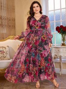 Modelyn 全新奢华优雅蓬松V领长袖连衣裙 - 玫紅色 - 查看 5