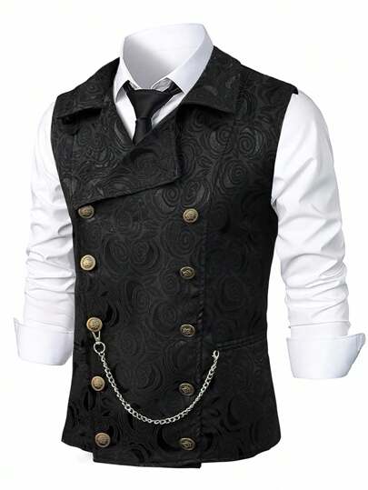 Manfinity Mode Men's Solid Color Double-Breasted Casual Patterned Waistcoat