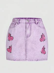 Teen Girl Purple Butterfly Print Denim A-Line Skirt, Medium Waist, Loose Fitting, Personalized Street Style Casual Retro Fashion Sweet Design - Purple - View 2