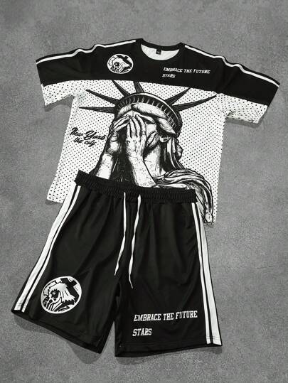 Manfinity RSRT 2 件男士字母印花圆领短袖休闲 T 恤和松紧腰短裤套装