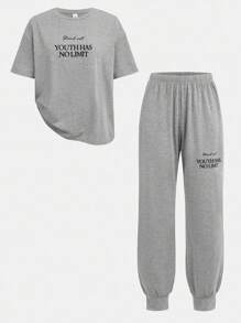 SHEIN 2 件青少年女孩休闲简约字母图案圆领短袖 T 恤和裤子家居服套装 - 灰色 - 查看 12
