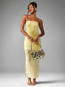MISSGUIDED Đầm dạ hội cột sequin không quai, váy maxi dài trang trọng bó sát, lấp lánh, dự tiệc cưới, dự tiệc đặc biệt, dài đến sàn, xẻ sau lưng - Màu vàng - Xem 4