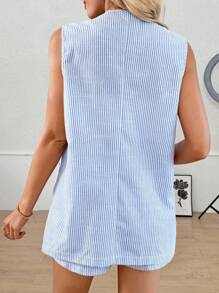 SHEIN LUNE Women's Summer Blue And White Striped Suit Vest & Shorts 2 Pieces Set,Smart Casual Vacation Outfit,Vintage Stockholm Style,Business Office Workwear - Blue and White - View 10