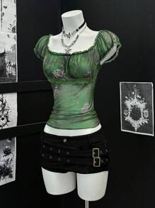 EgrlEra Retro Crop Top For Women, Puff Sleeve, Square Neck, Webbing Ribbon Mesh Splice, Form Fitting - Green - View 4