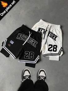 Sport MetroGents 男士字母印花抽绳腰双层运动短裤，健身 - 黑色 - 查看 1