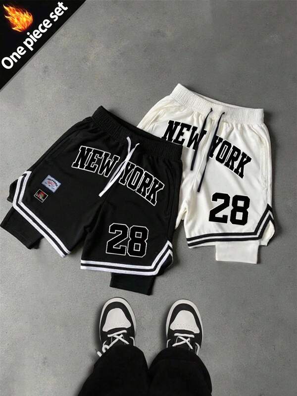 Sport MetroGents Pantalones cortos deportivos para hombre con estampado de letras, cintura con cordón y doble capa