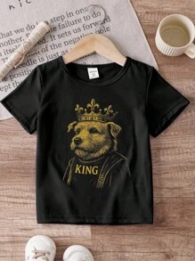 Boys' Casual Short Sleeve T-Shirt With Dog King Crown Graphic, All Season - Black - View 4