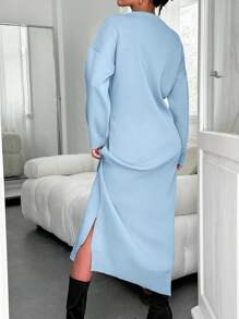 EURMUSE Drop Shoulder Split Hem Sweater Dress - Baby Blue - View 2