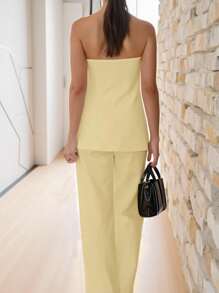 INAWLY Plus Size Women Summer Solid Color Camisole Top And Pants 2 Pieces Set - Yellow - View 3