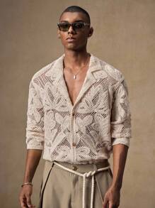 AKNOTIC Business Casual 男士针织时尚休闲宽松长袖西装外套男士钩针衬衫男士针织花衬衫男士开放式针织衬衫花卉钩针男士衬衫，秋季 - 杏色 - 查看 3